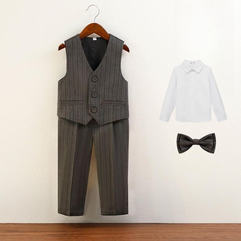 Boys Pinstripe Waistcoat 4 Piece Gentleman Suit White Shirt Bow Straight Pants Kids Wedding Flower Boy Birthday Photo Children Formal Outfit Set