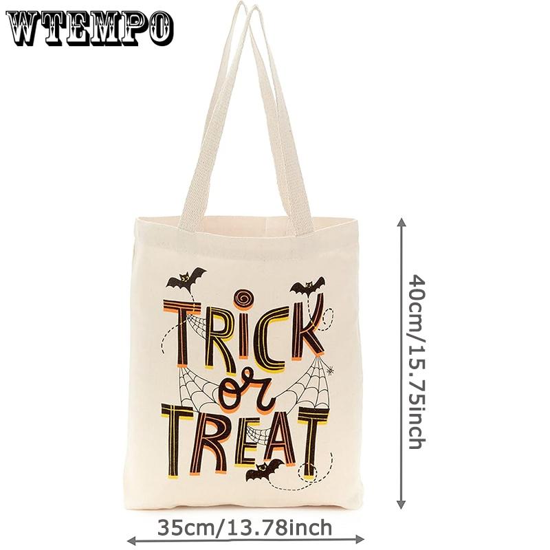 WTEMPO Halloween Canvas Bag Halloween Treat Bag Bat & Spider Web & TRICk OR TREAT Printed Bag Creative Soft Festival Handbag & Single-shoulder Bag