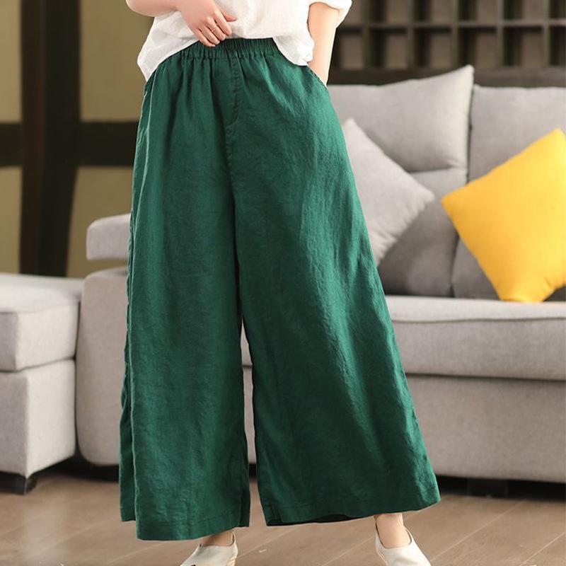 Pantalones Anchos de Lino Vintage para Mujer Cintura Elástica Color Sólido Pantalones Primavera Sueltos Casuales Largos Femeninos