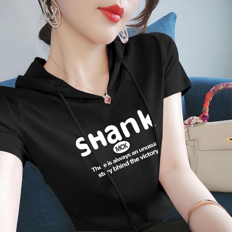 

100% Cotton Ethnic Chinese Hooded Short-Sleeve Sweatshirt for Women - Casual Summer T-Shirt XL (recommended 55-62.5 kg)