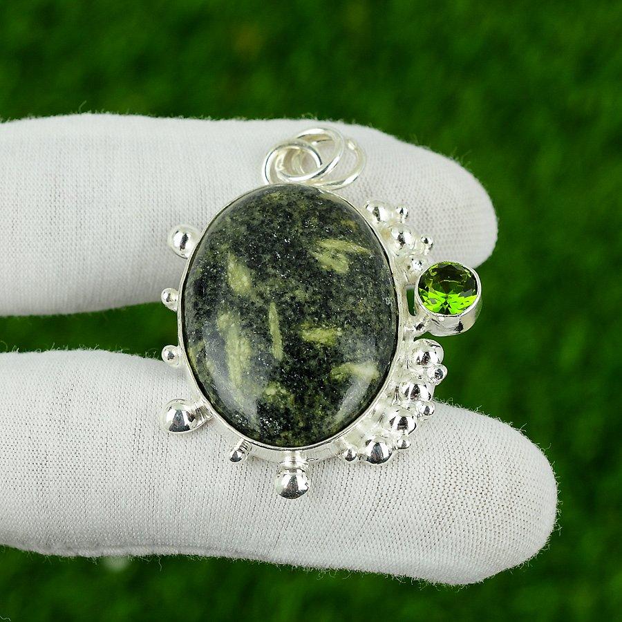 Gift For Her 925 Sterling Silver Natural Green Rice Jasper Gemstone Pendant