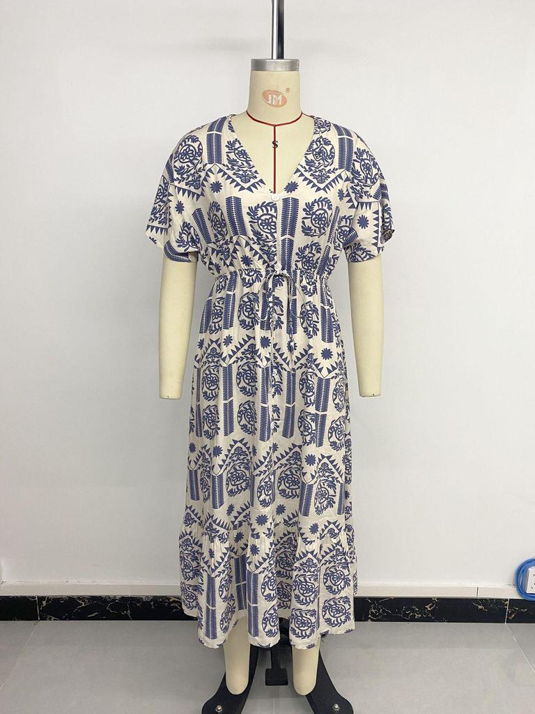 2025 Summer Ethnic Print V-Neck Short Sleeve Dress