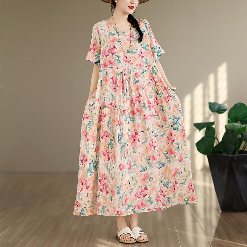 DIMANAF New 2026 Sundress Women Plus Size Summer Casual Print Long Dress Cotton Loose Oversize Maxi Floral Beach Holiday
