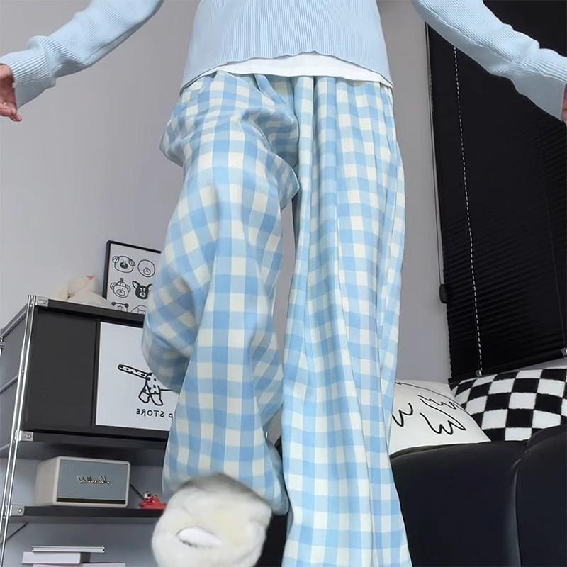 Damen Blaue Karomuster High-Waist Weitbein Petite Hose - Frühling/Sommer 2025 Kollektion