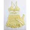 Sexy Yellow Bikini Women Solid Halter Ring Linked Criss Cross Cover Up 2 Piece Swimsuit Bathing Suit Ruffles Skirt Swimwear