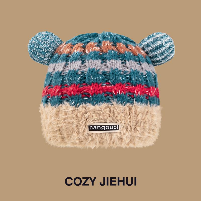 New Cartoon Christmas Wind Age-reducing Striped Knitted Hat Winter Thermal Hat Japanese Dopamine Versatile Wool Hat Women