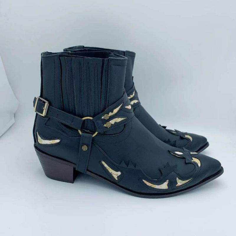 Herrenstiefel Spitz zulaufend Knöchelhohe Stiefel Modische Stickerei Cowboystiefel Leder Mittlerer Absatz Chelsea Boot Zum Hineinschlüpfen Schnallenriemen Ritterstiefel