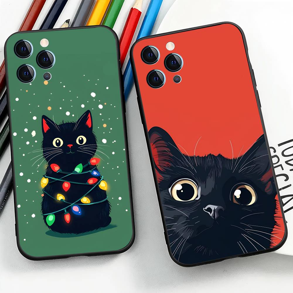 Cute Black Cat For IPhone 15 16 14 Plus 13 12 11 17 Pro Max 17 Air Black Soft Phone Cover