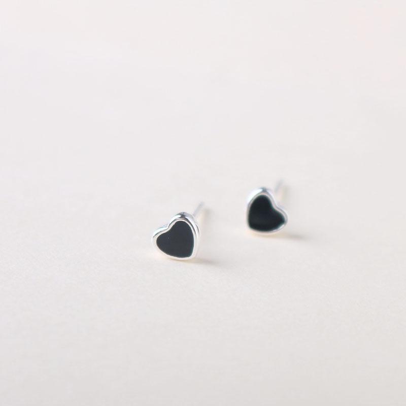 

S925 Sterling Silver Black Drip Oil Cherry Heart Sun Stud Earrings with Silicone Ear Backs, Korean Style. 925 Silver