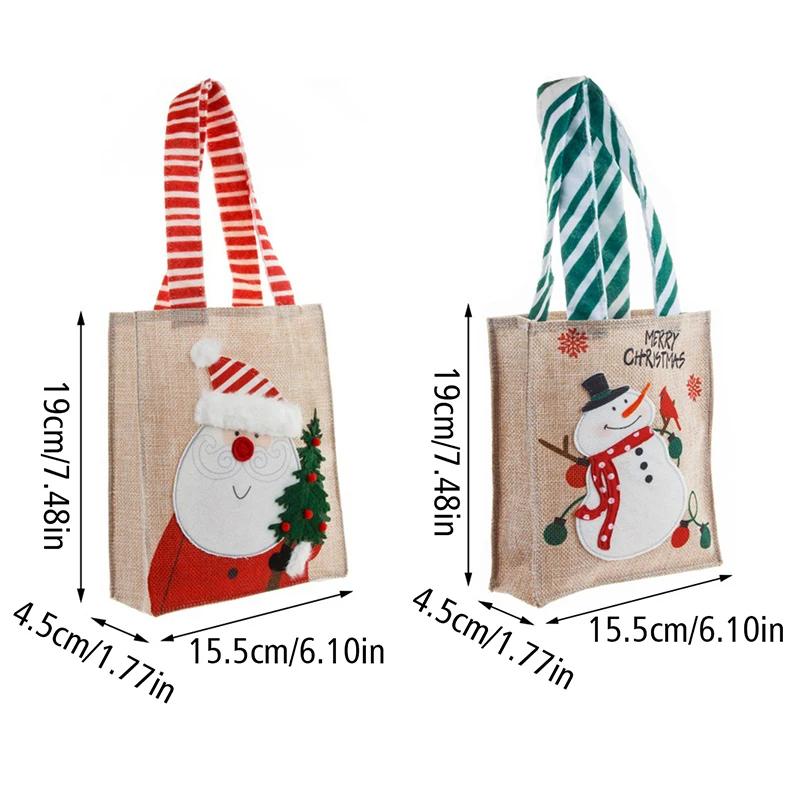 Christmas Candy Apple Pouch Santa Snowman Print Gift Bag Natural Jute Fabric Reusable Holiday Party Favor Storage