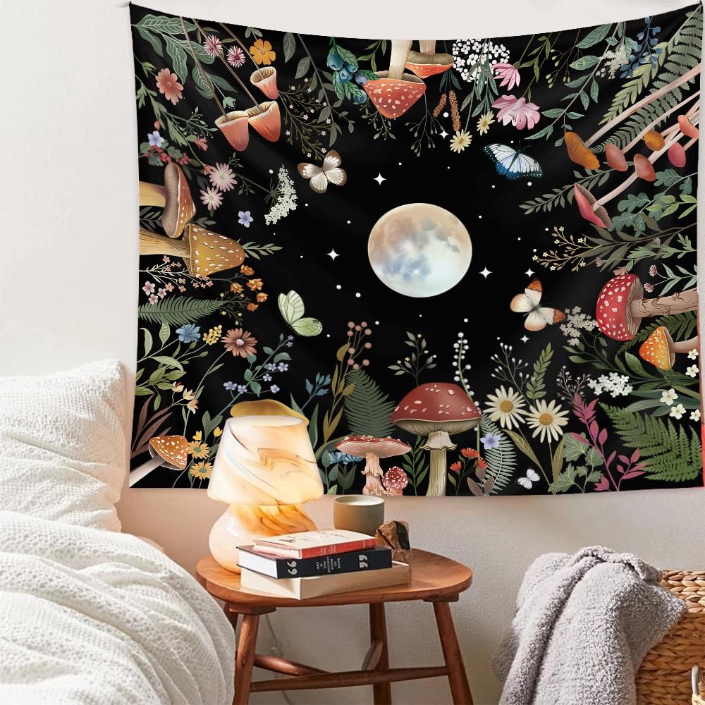 Neon Sun & Moon Tapestry, Psychedelic Rainbow Celestial Print with Clouds On Black Background, Wall Hanging for Boho Decor