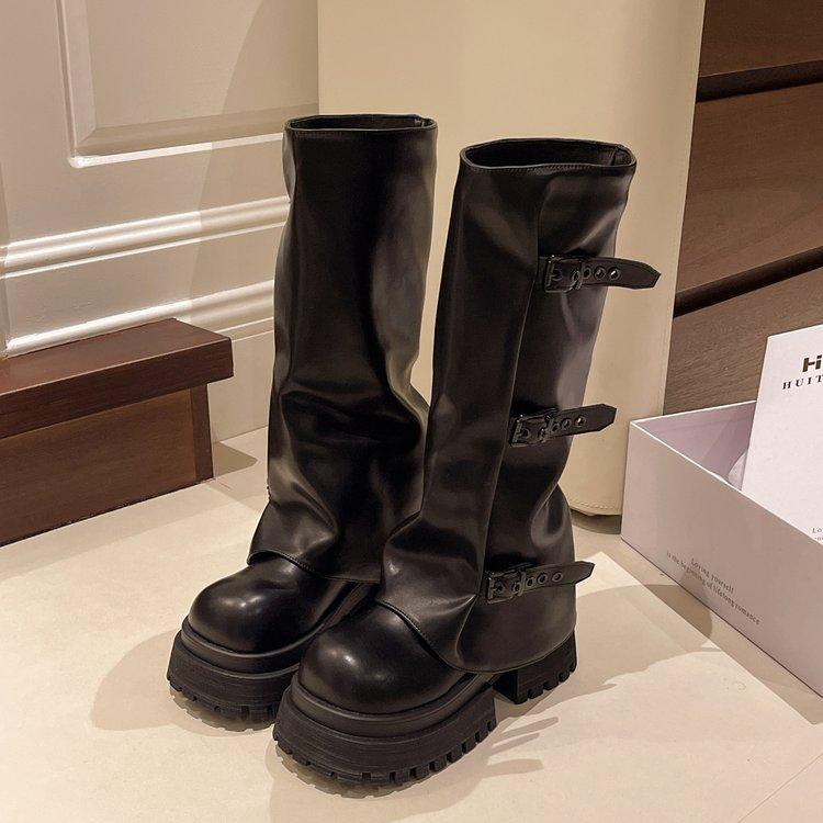 

High Leg Boots Women Autumn Winter New Sleeve Knight Boots Thick Soles Belt Buckles That Cannot Reach The Knee, Long Boots 35