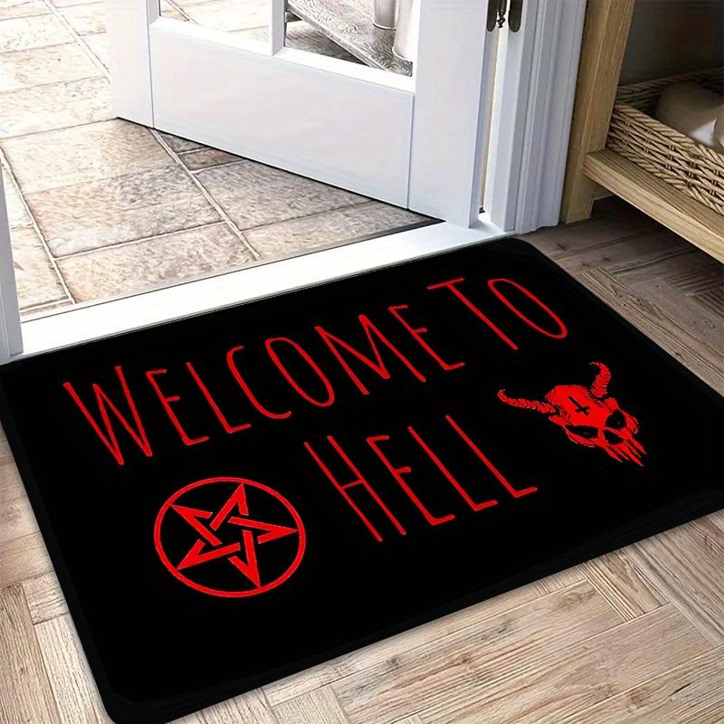 Gothic "Welcome To Hell" Rectangular Doormat, Skull & Pentagram Pattern Floor Mat, Non-Slip Washable Dark Ritual Entrance Rug
