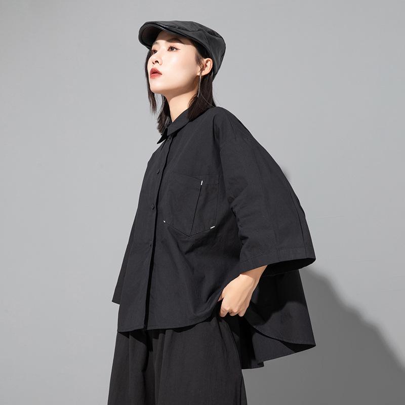 Women's Dark Chinese Style Irregular Mid-Sleeve Loose Top