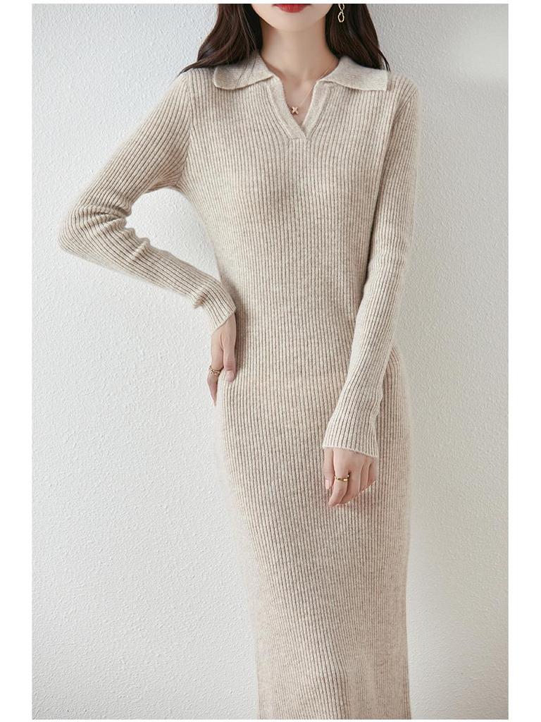Autumn/Winter Wool Turn-Down Collar Slim-Fit Knitted Dress with Over-the-Knee Slit and Coat Set