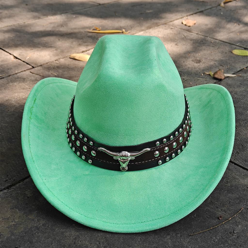 Retro Suede Leather Western Cowboy Fedora Hat For Men Women Bull Head Accessories Fashion Travel Party Hat Denim Hat Sombrero