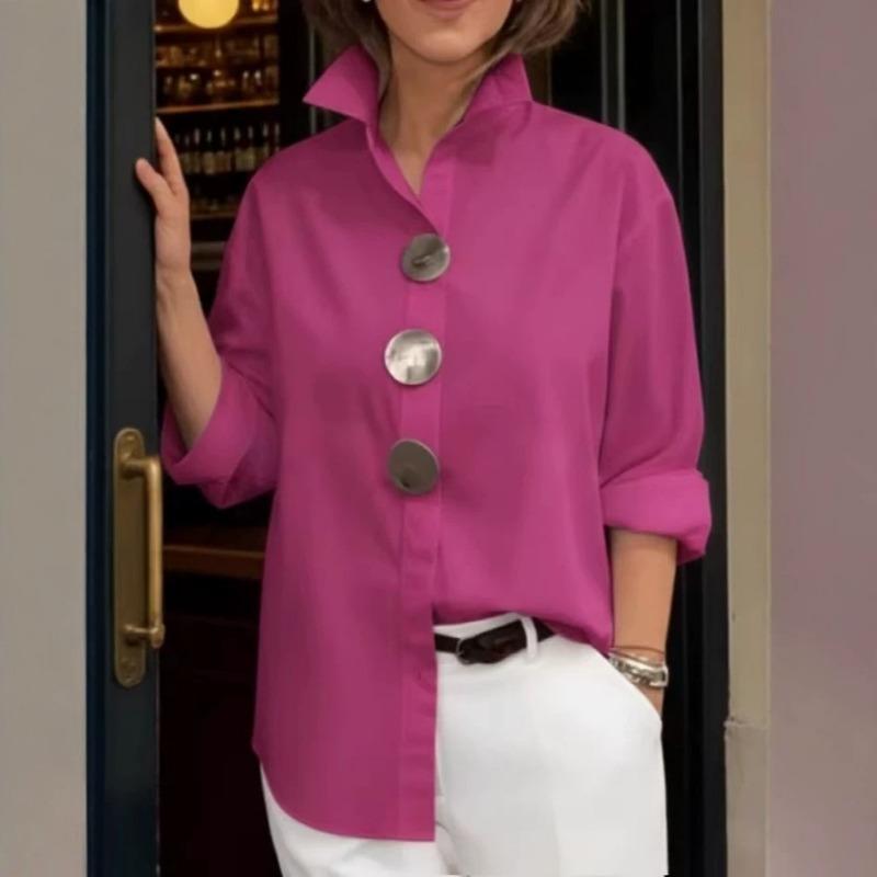 Solid Color Long Sleeve Polo Shirt With Metal Buttons For Summer