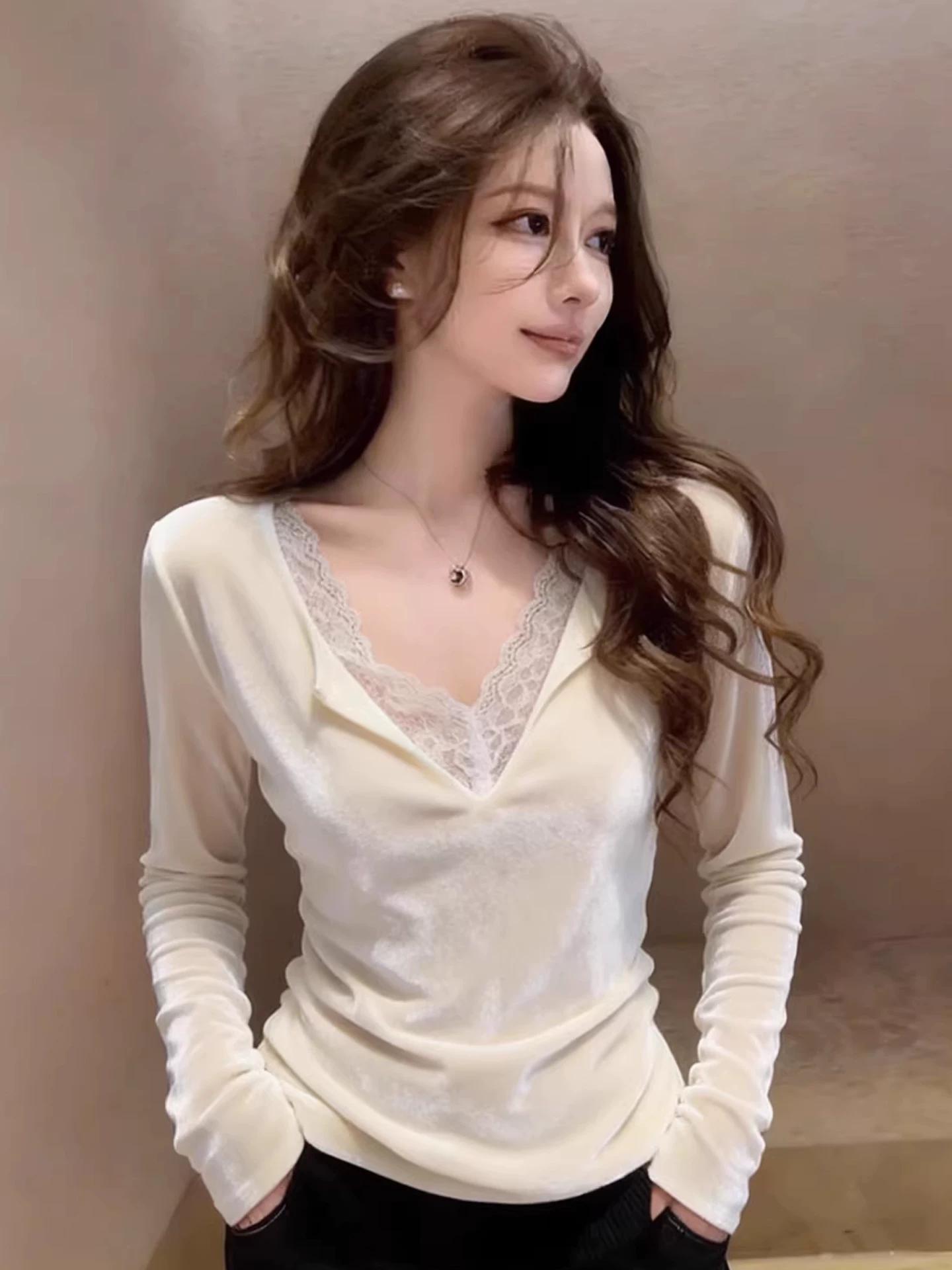 

Unique and Super Stylish Lace Faux Two-Piece Long-Sleeve T-Shirt for Women, Early Spring Light Luxury High-End Feel, Velvet Inner Top M белый