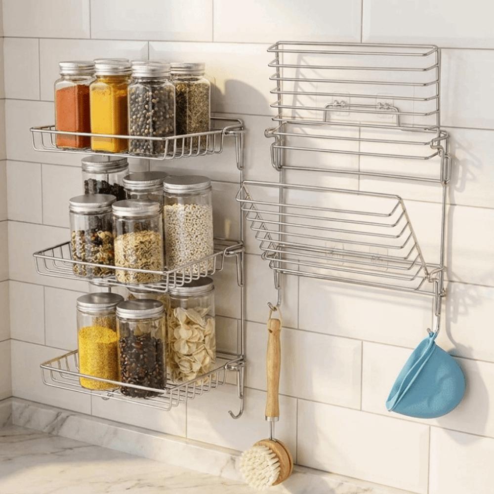 Stainless Steel Folding Storage Rack Wall Mounted Large Capacity Seasoning Jars Shelf with Hooks Space Saving Pot Lid Rack