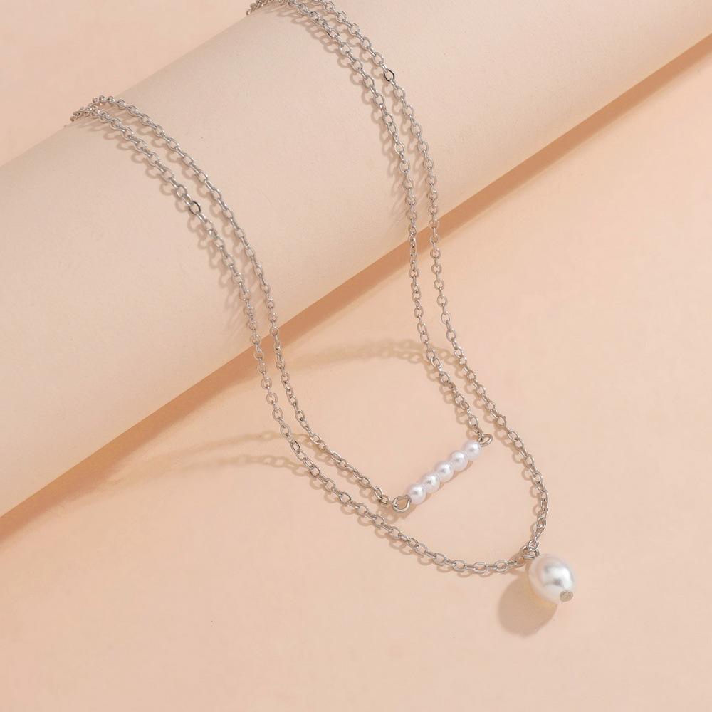New Personality One-word Pearl Pendant Women's Double Stacked Alloy Necklace Clavicle Chain