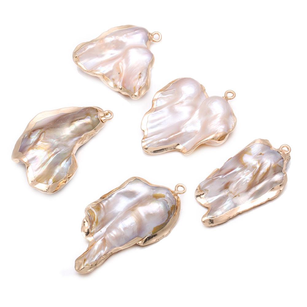1Pc Artificial Pearl Pendant, Boho Irregular Electroplated Golden Edge Charms for DIY Necklace Jewelry Accessories, Halloween Christmas Crafts