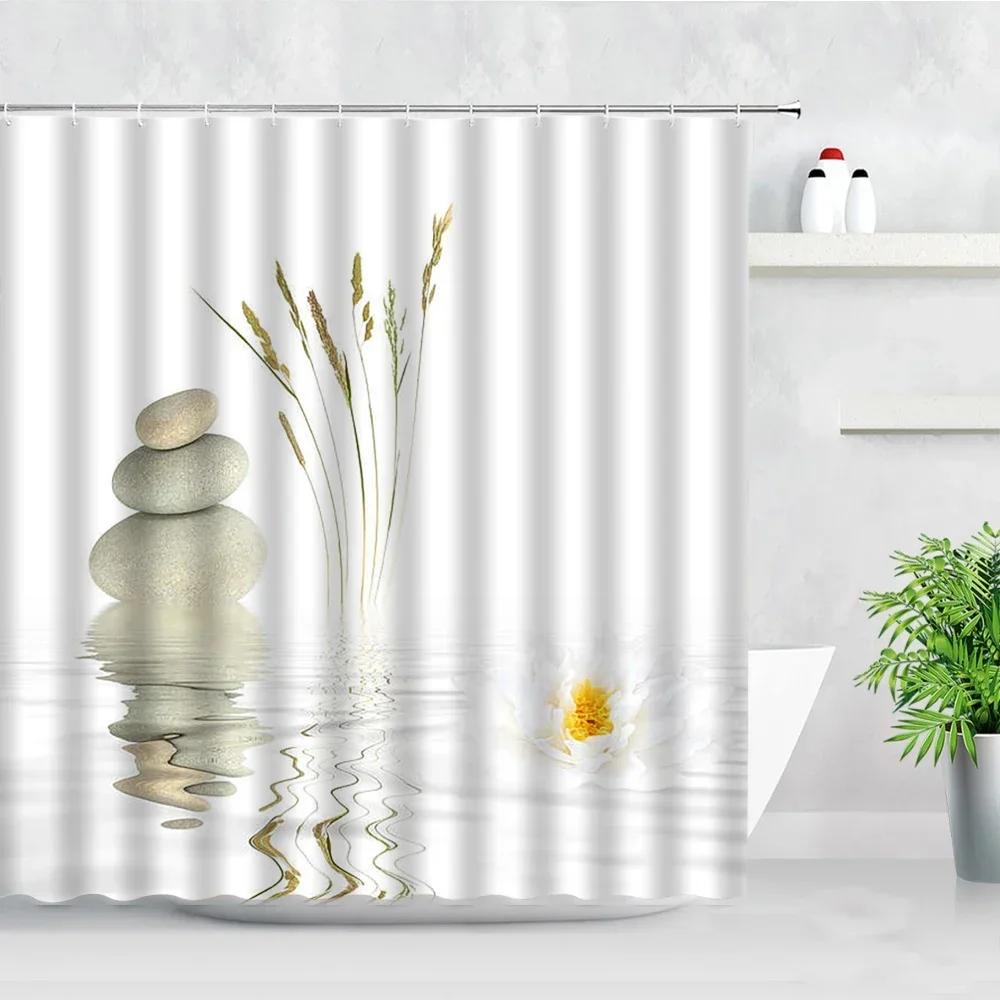 Zen Green Bamboo Shower Curtains Stone Buddha Lotus Candle Asian Japanese Spa Garden Scenery Bath Curtain Fabric Bathroom Decor