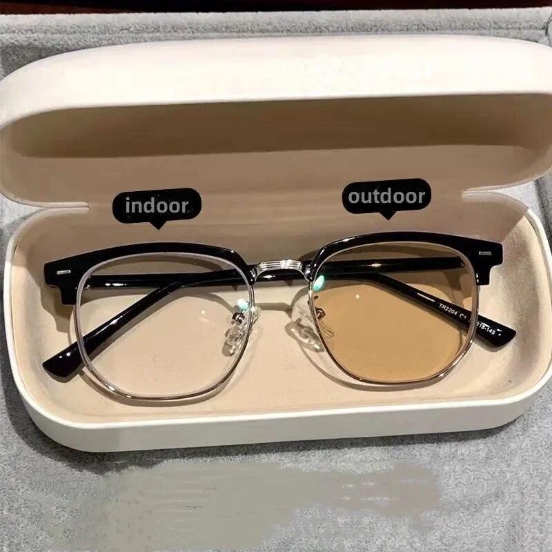 Photochromic Half Frame Myopic Glasses Outdoor Color Changing Near Sight Eyeglasses Anti-Blue Light Short Sight Eyewear