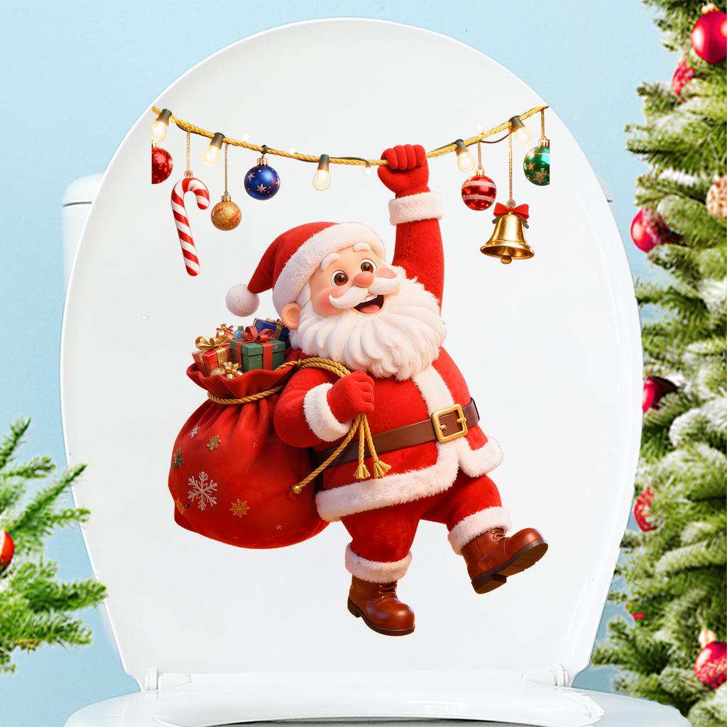 Cute Cartoon Santa Claus Toilet Cover Sticker for Bathroom and Shower Stall Decoration Sticker