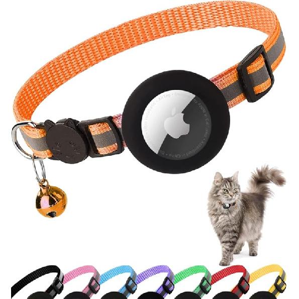 Airtag Cat Collar Breakaway, Reflective Kitten Collar with Apple Air Tag Holder and Bell for Girl Boy Cats, 0.4 Inches in Width and