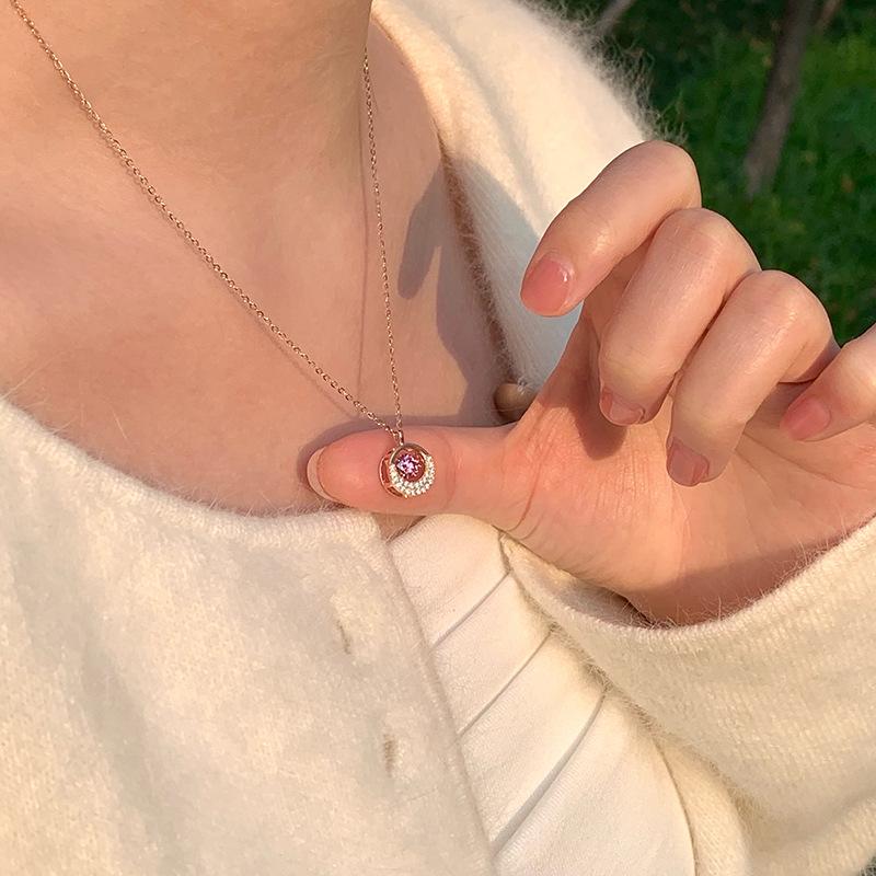 Beautiful Trendy Zinc Alloy Gold Plated Purple Zircon Pendant Link Chain Necklace Women's Everyday Jewelry Gift Collection