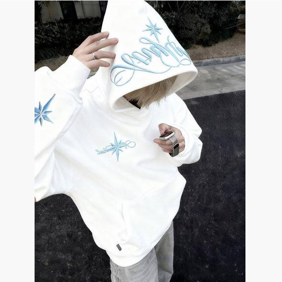 Unisex Embroidered Velvet Hoodie - Retro Loose Fit for Autumn/Winter