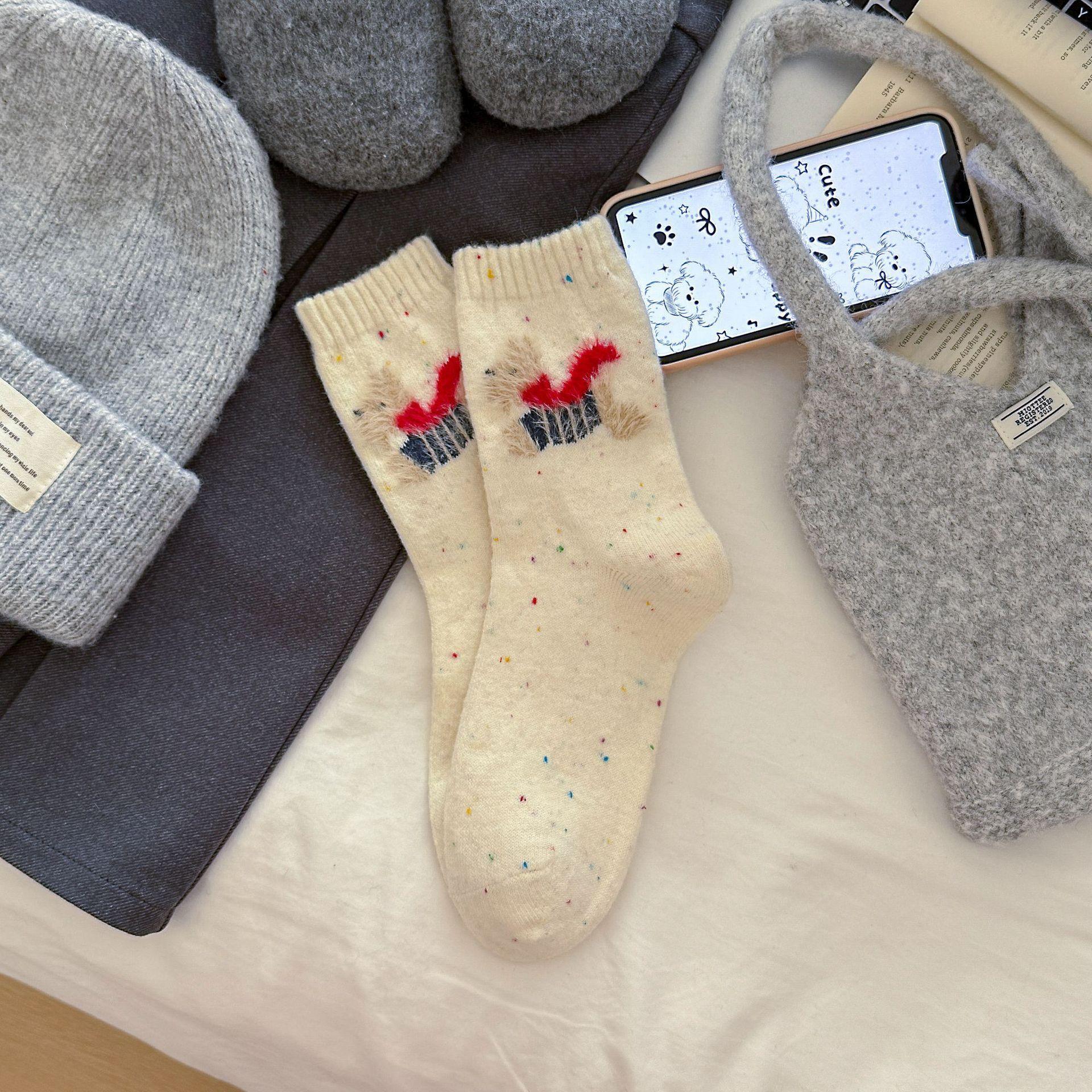 

Warm Cartoon Trendy Wool Vintage Scarf Stacked Socks Socks Girls Medium Socks Cute Thickened Puppy One size брудно-білий