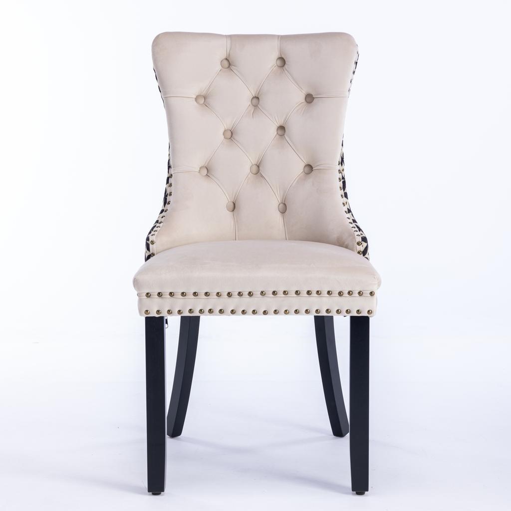 Dining Chairs Set of 2, Hand-Tufted Velvet, Back with Gold Thread Geometric Pattern, Nailhead Trim & Metal Pull Ring, Solid Wood Legs, DE2201BG