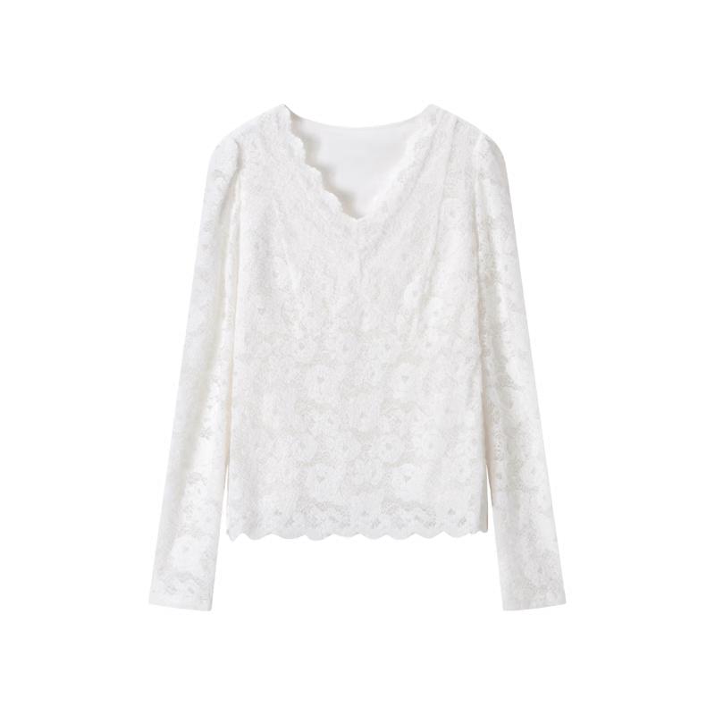 Xiangying Women's V-Neck Slim Fit Lace Blouse