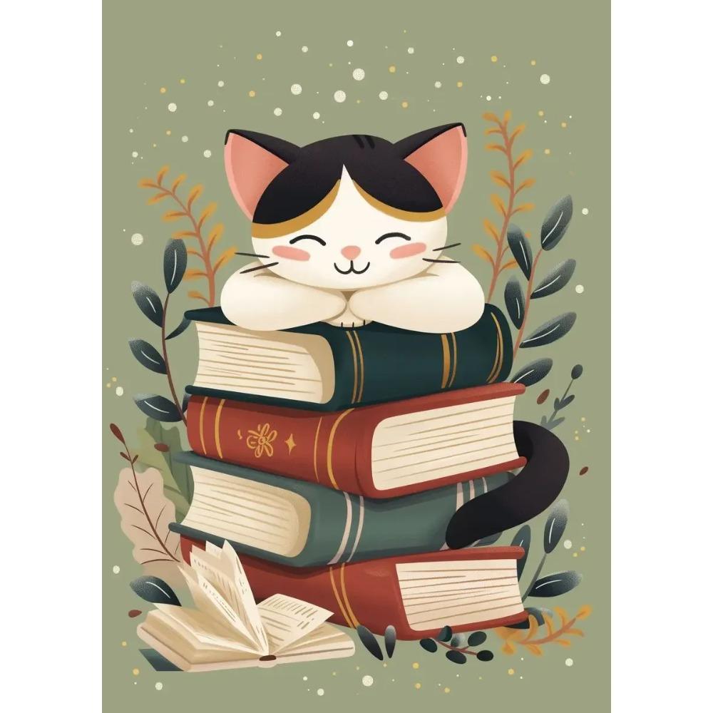 1pc Frameless Canvas Painting  Cartoon Cat with Books Poster Print Canvas Painting Wall Art Picture Library Bookstore Room Decor