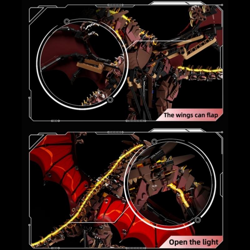 1439PCS Mechanical Fire Dragon Blocks Mythical Creatures Series Light Connectable Animal Model Creative 3D Desk Decor Gift