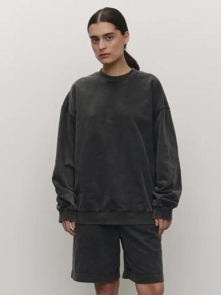 Trendiges Amerikanisches Retro Schwarzes Distressed Rundhals-Sweatshirt – Lockere Passform, Street Style, Einfarbig, Perfekt für Frühling & Herbst