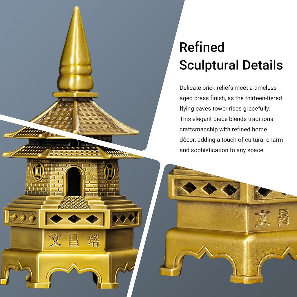 Aris & Juno 13-Tier Brass Pagoda Statue, 7 Inch Wen Chang Tower, Desk Decor for Home Office Study, Feng Shui Symbol for Education & Career Success,