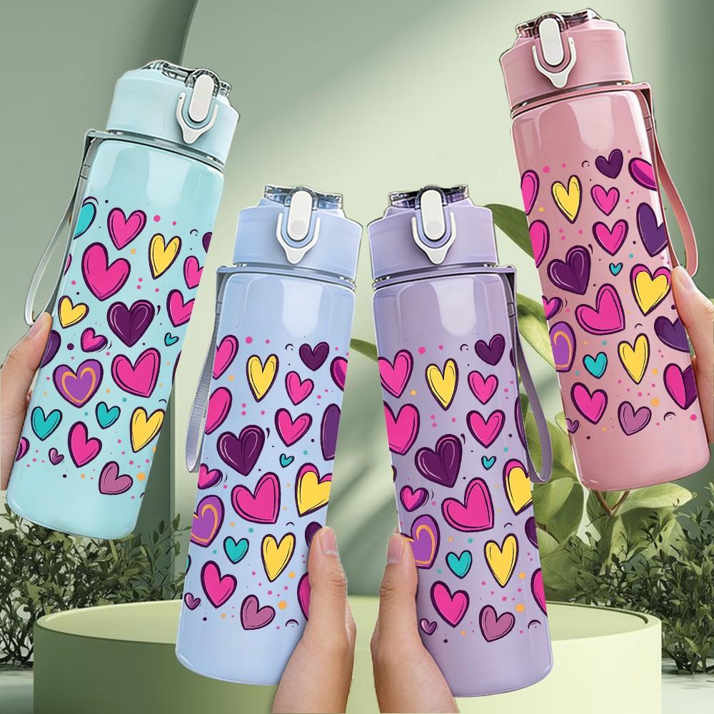 1PC Purple Pink Heart Confetti Pattern 750ml Color Plastic Sports Water Bottle Leakproof Flip Straw Lid Suitable for Sports Office Home Use