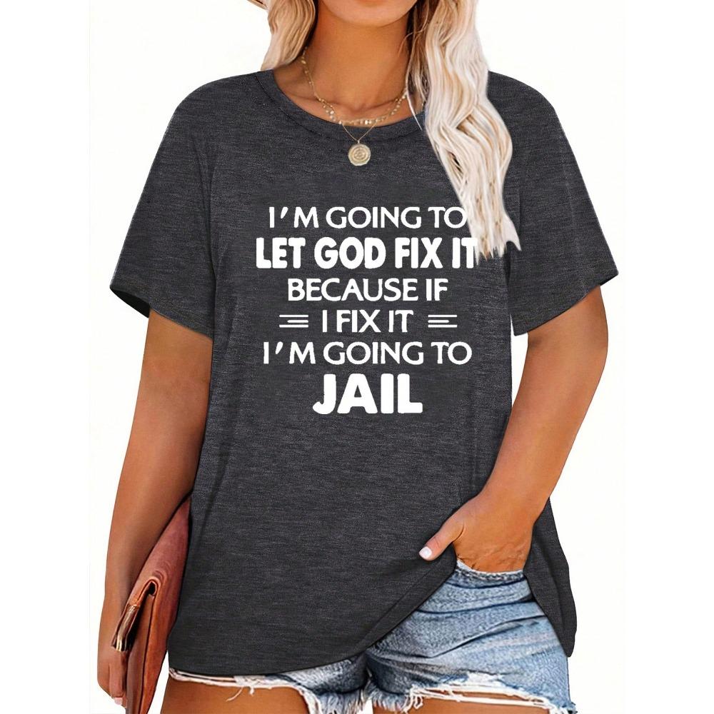 Large Size Women's Slogan Printed Round Neck Loose Short Sleeved Casual T-shirt, Suitable for Daily Commuting and Shopping