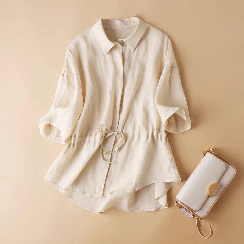 

QICED Рубашка с коротким рукавом женская летняя свободная художественная простая талия талия маленькая рубашка хлопок лен свободная зарубежный стиль повседневный топ прилив XXXL абрикосовый