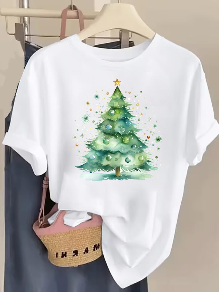 (Asian Size) watercolor tree style Tee Top Christmas Festival New Year Clothing T Shirt Women Fashion Print Female Woman Short Sleeve Graphic T-shirts