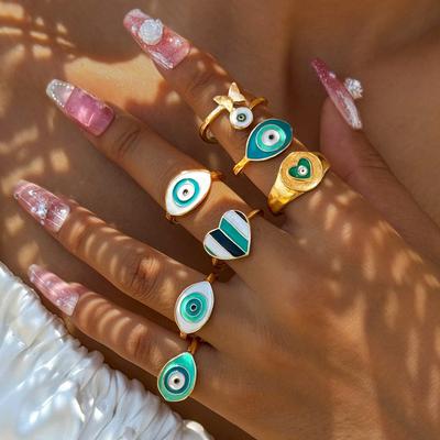 Y2K Aesthetic Drip Enamel Heart & Eye Rings Set, Creative Geometric Butterfly Joint Stackable Rings, 7-Piece Viral TikTok Jewelry for Women,