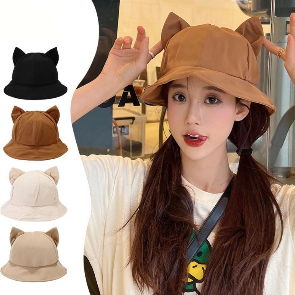 Anti-UV Cat's Ears Bucket Hat Wide Brim Sun Hat Casual Wide Brim Hat  Daily Wear