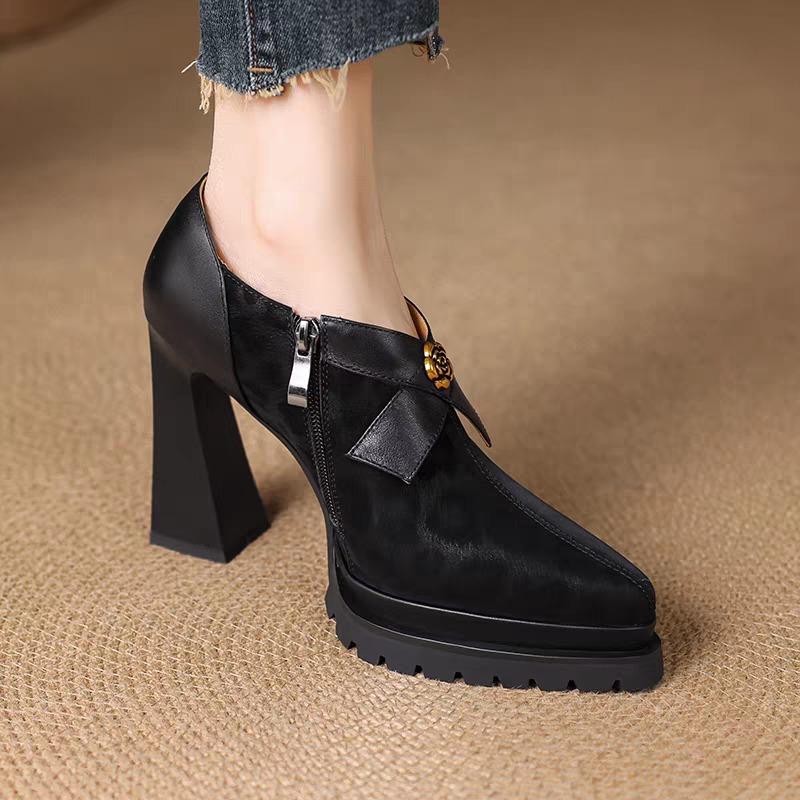 

Женские однотонные туфли на очень высоком каблуке с глубоким вырезом, весенние, на блочном каблуке, на платформе, с боковой молнией, кожаные туфли-лодочки 34 чёрный