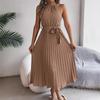 Sleeveless Summer Pleated A-line Dress Casual Solid Color Loose Party Lace-up Elegant Dresses Fashion Midi Sweet Stand Collar Holiday Clothing