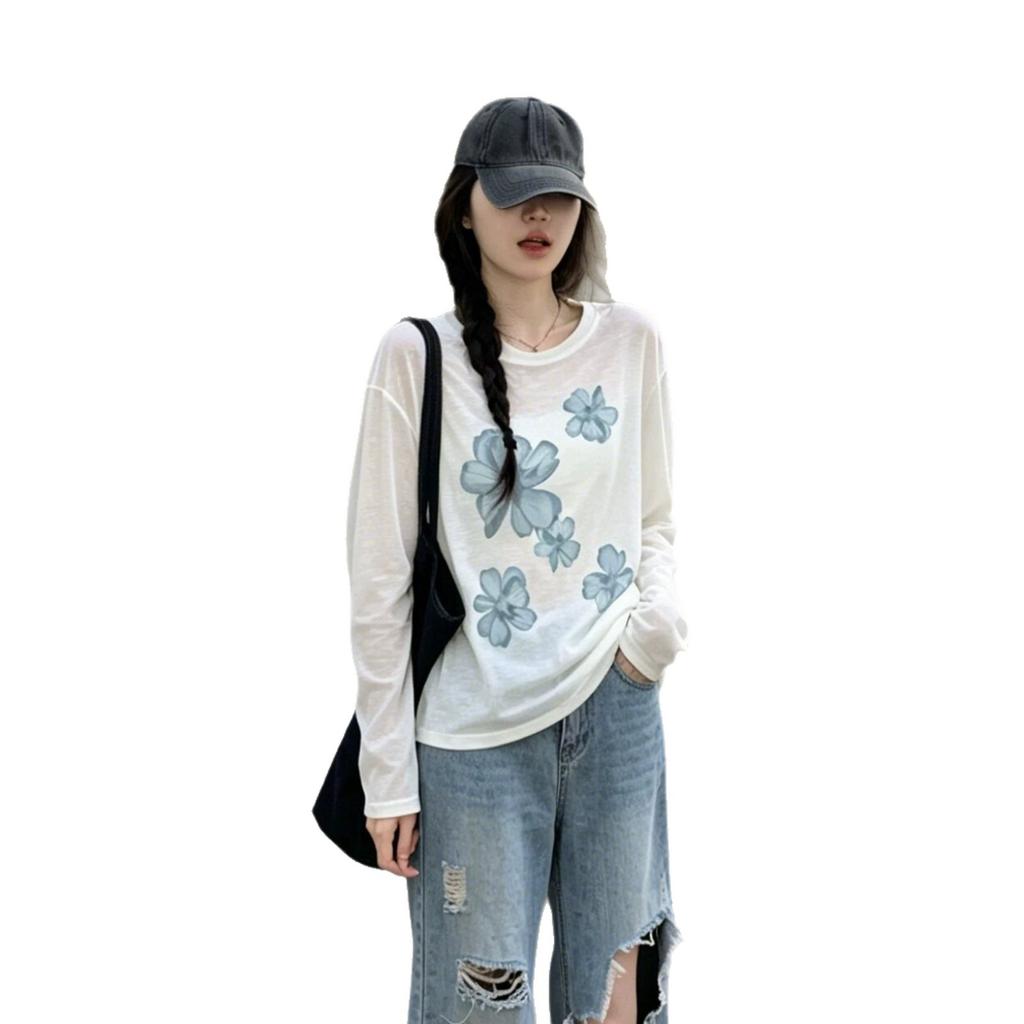 Lazy Korean Thin Loose Round Neck Sunscreen Long-sleeved T-shirt Women's Spring and Summer New Flower Print Blouse Top