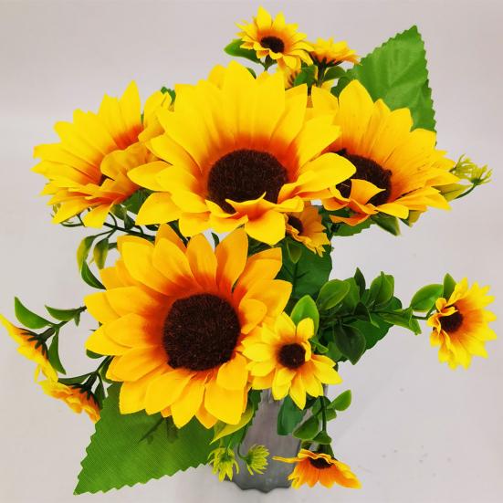 Artificial Sunflower with Green Leaves 7 Fork 13 Head Realistic Fake Silk Flower Home Office Party Indoor Outdoor Faux Bloom Decoration
