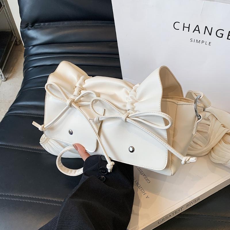 Womens Aesthetic PU Leather Underarm Bag Pleated Sweet Bowknot Shoulder Crossbody Bag Adjustable Armpit Handbag Purse