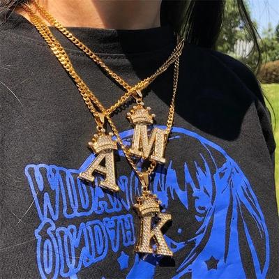 Initial A -Z Letters Crown Necklace For Women Men Hip Hop Chain Jewelry Crystal Zircon Pendant Necklaces Collier Bijoux